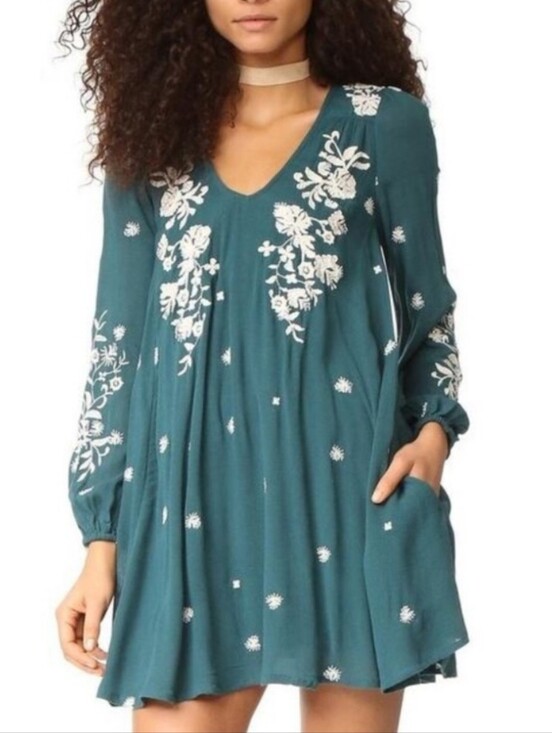 Free People Dresses & Skirts - Free People Sweet Tennessee Teal Floral Embroidered Bell-sleeve Babydoll Small